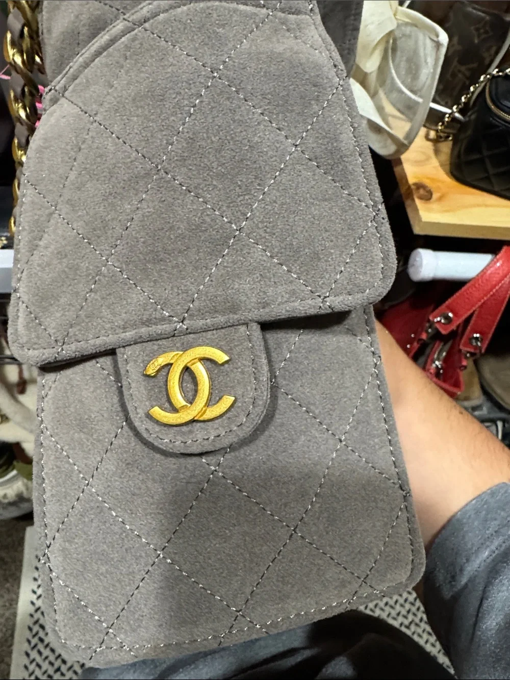 Chanel Quilted Suede Drawstring Shoulder Bag - Gray